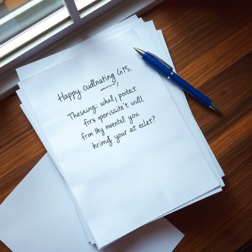 Generate an image of a stack of white papers with handwritten notes on them alongside a blue pen, captured with a Canon EOS 5D Mark IV, 50mm f/1.8 lens, at f/4 aperture, ISO 100, natural light from a window, top-down view.
