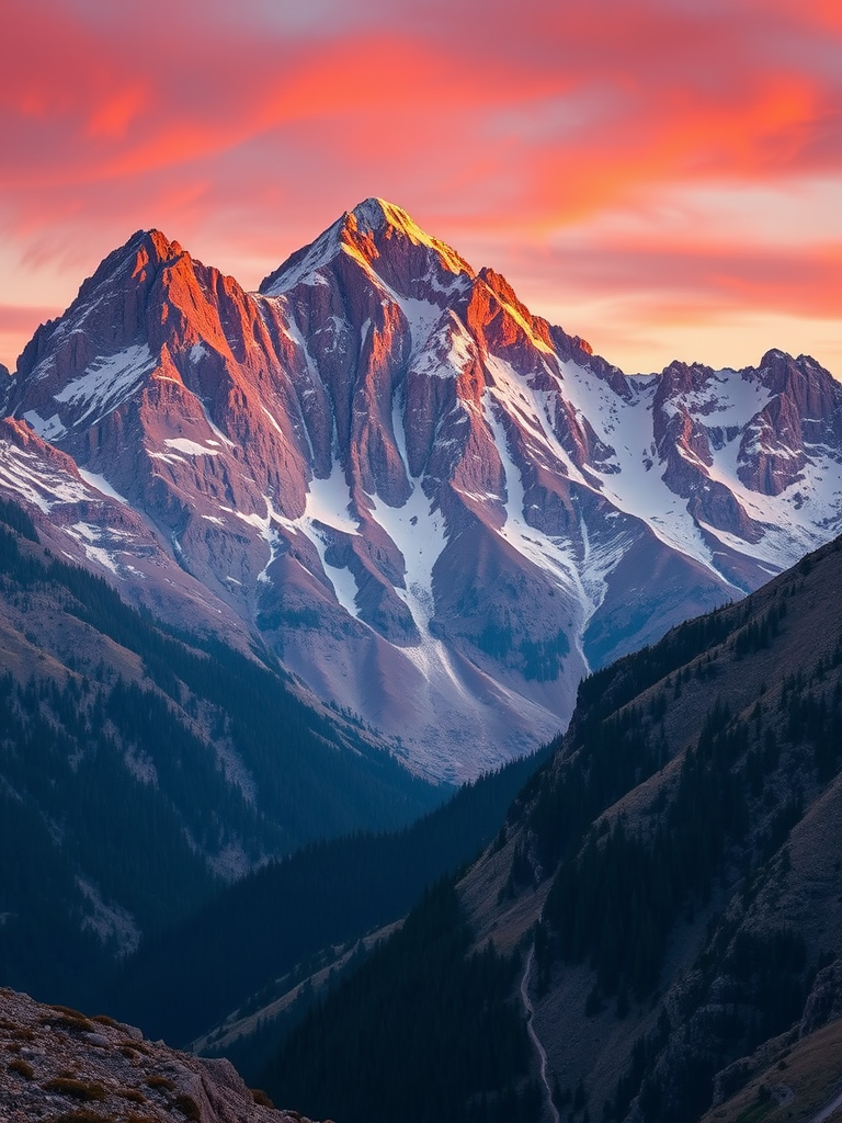 Regenerate a high-resolution image of a majestic mountain landscape at sunrise with vibrant colors, using a Canon EOS R5 camera, 24mm lens, f/11 aperture, ISO 100, and a long exposure of 1/30 seconds for enhanced clarity and detail.