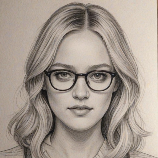 Wonderful Maika Monroe, pencil sketch, portrait of Magnificent woman 1978s in glasses, hair style beatnik, outline, clear lines, fine lines, 8k