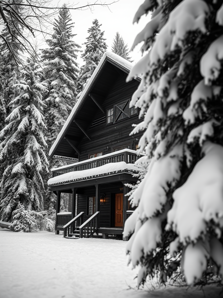 A cozy wooden house surrounded by snow-covered trees, taken from a low angle, with a wide aperture of f/2.8, a shutter speed of 1/250 sec, ISO 100, using a full-frame DSLR camera, in monochrome, to enhance depth and contrast.