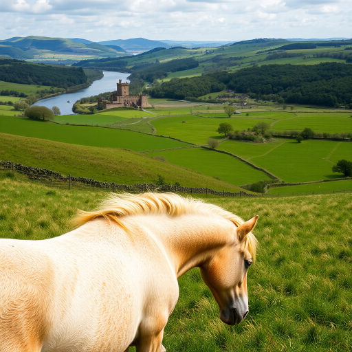 A picturesque rural landscape featuring lush green fields, a grazing horse in the foreground, distant hills, a winding river, and a historical castle in the background, captured with a DSLR camera at f/8 aperture, ISO 200, 24mm focal length, shot from a high angle to showcase the expansive scenery and enhance clarity.