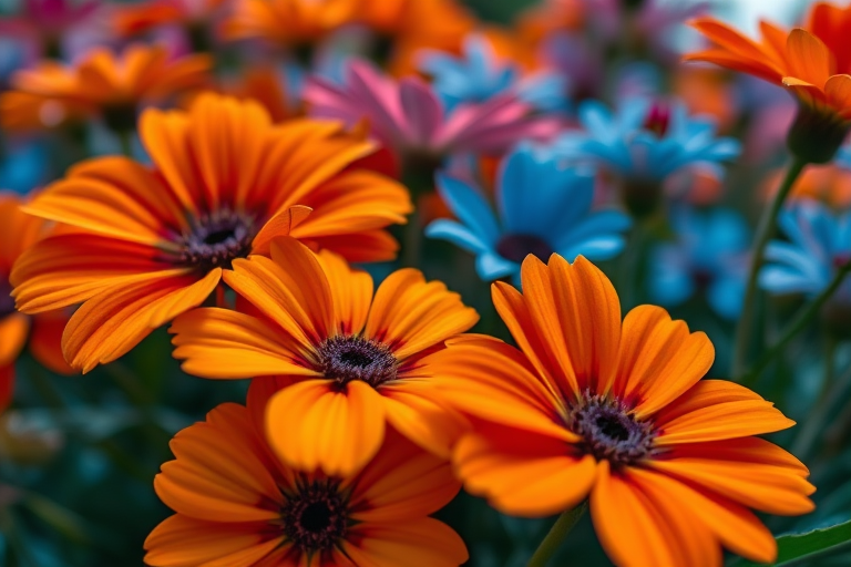 macro shot of vibrant flowers with a mix of orange and blue hues, f/2.8 aperture, ISO 100, 1/200 sec exposure, taken with a DSLR camera from a low angle for a dramatic perspective, high contrast and enhanced saturation effects