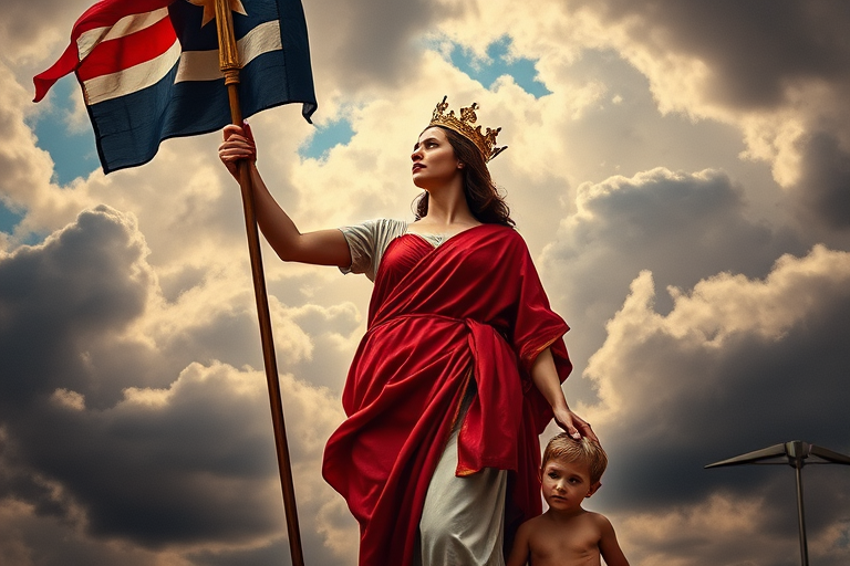 Create a historical allegorical painting of a female figure symbolizing freedom holding a flag with a crown and a child beside her, set against a dramatic cloudy sky, using a Canon EOS R5 with a 50mm f/1.2 lens, aperture f/8, ISO 100, in high dynamic range to enhance colors and details.