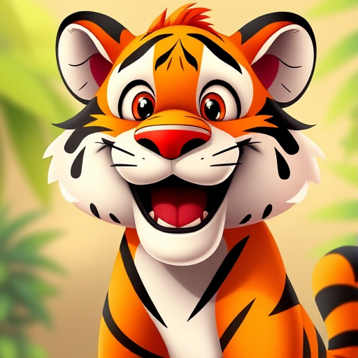 Create a vibrant cartoon tiger character with a big smile and exaggerated features, captured in a high-resolution digital format with a 50mm lens at f/2.8, natural lighting, and a vibrant color profile.