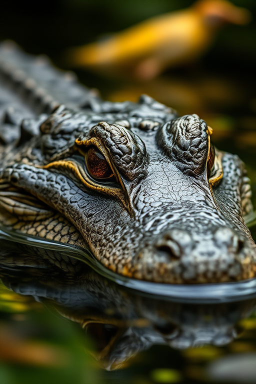 a close-up of a crocodile's head partially submerged in water, showcasing its textured skin and piercing eyes, with a blurred natural background