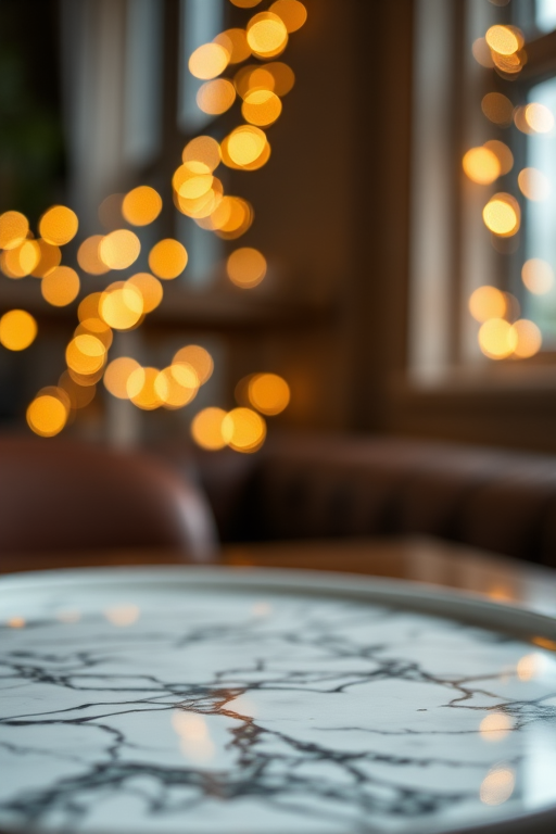 Capture a close-up shot of a marble-patterned tray with a blurred background, using a DSLR camera with a 50mm lens, aperture set to f/1.8, shutter speed 1/125s, ISO 200, natural soft lighting with bokeh effect from fairy lights.