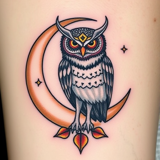 Neotraditional tattoo of a mystical owl perched on a crescent moon, combining bold lines with a soft color palette and decorative elements, titled "Nocturnal Wisdom"