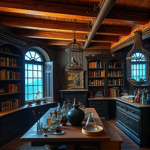 A well-lit alchemist's study featuring wooden beams, a large wooden table cluttered with potions and alchemical tools, dark shelves filled with books and vials, a mirror reflecting the room, an ornate birdcage, and a window casting blue light; taken with a Canon EOS R5, 24mm lens, f/2.8 aperture, ISO 200, at a 1/60s shutter speed for enhanced detail and richness in color.