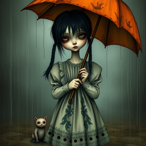 An eerie, weird little girl with dark hair in thin pigtails, wearing a smock dress, standing in the rain, holding a dirty orange umbrella, a small, odd creature beside her. In a surreal style inspired by Nicoletta Ceccoli and Brian Froud. Dark fantasy themes