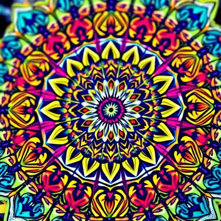 Generate an image of a detailed and intricate mandala design with vibrant colors and symmetrical patterns, captured with a DSLR camera at f/8 aperture, 1/125 shutter speed, 50mm lens, in natural light from a slightly elevated angle, with a focus on enhancing color saturation and sharpness.