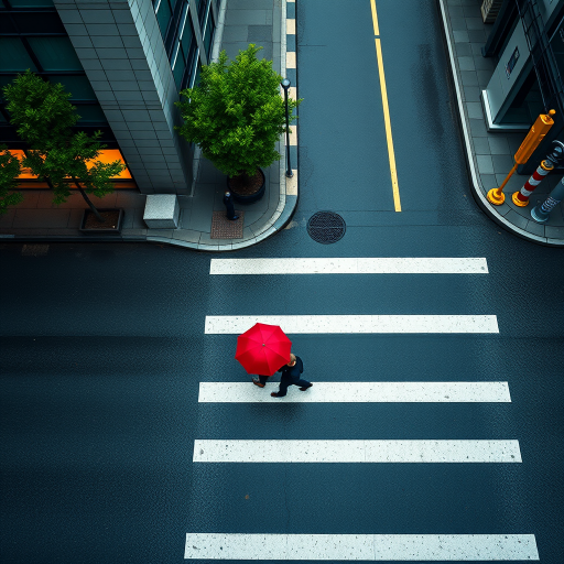 Aerial view of a city crosswalk with two pedestrians walking, one carrying a red umbrella, bright colors, high contrast, f/4.0, ISO 100, 1/250s, DSLR camera, wide-angle lens.
