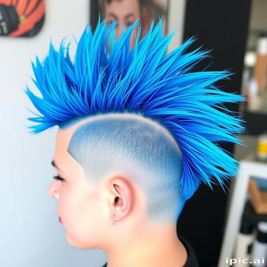 Striking electric blue mohawk titled "Neon Rebel" with shaved sides and a textured, spiky top, incorporating subtle metallic accents for extra dimension
