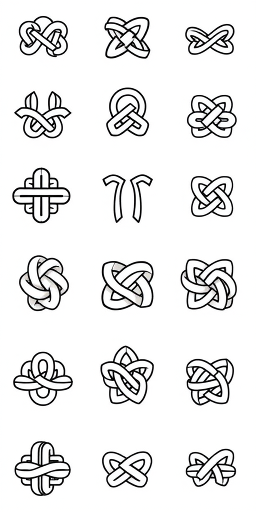 Create a high-resolution illustration of various knot types arranged in a grid format, using a DSLR camera with a 50mm lens at f/1.8, ISO 100, and a shallow depth of field to create a soft background blur, showcasing clear lines and high contrast against a white background.