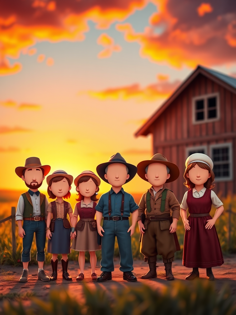 Create a vibrant sunset scene featuring six cartoonish characters dressed in 19th-century attire standing on a farm, with faces blank for customization, using a DSLR camera at f/2.8, ISO 100, and 1/1000 shutter speed, with a focus on the characters and a blurred background for depth.