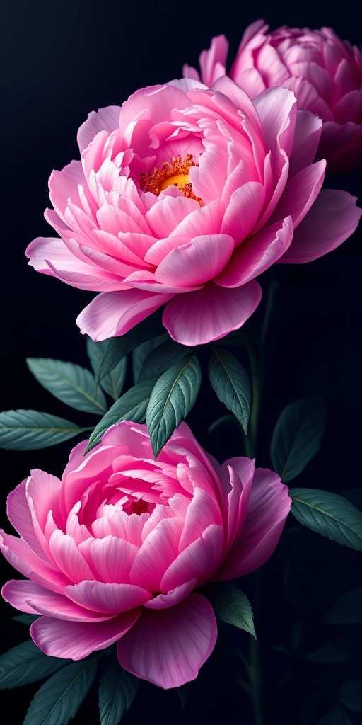 Create a vibrant digital illustration of three large, stylized peonies in shades of pink and purple with intricate leaves on a dark gradient background, using a Canon EOS R5 with an 85mm f/1.2 lens at f/2.8, aperture set to create a shallow depth of field, shot in soft focus to enhance the floral details and colors.