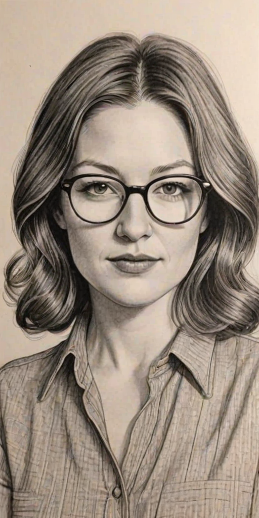 Enchanting Kelly Macdonald, pencil sketch, portrait of Enticing woman 1970s in glasses, hair style beatnik, outline, clear lines, fine lines, 8k