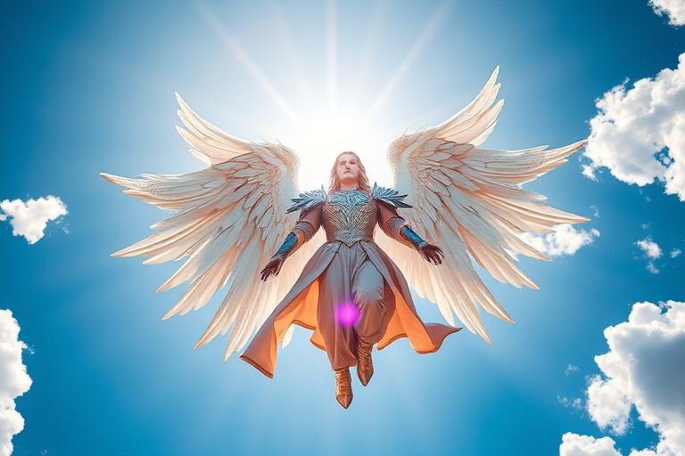 Create an image of a luminous angelic figure with majestic wings and ornate armor, illuminated by a radiant light from behind, soaring through a clear blue sky with fluffy clouds, using a DSLR camera set to f/1.8 for a shallow depth of field, ISO 100 for low noise, and a view from below to enhance the majestic perspective.