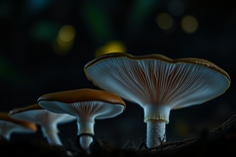 Mushrooms illuminated with bioluminescence in a dark forest setting, macro photography, f/2.8 aperture, ISO 400, 1/60s shutter speed, shot with a DSLR camera, focus on intricate gills and glowing edges with a bokeh effect in the background.