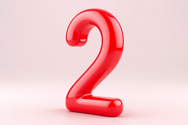 Generate a 3D rendering of the number "2" in vibrant red color, with a glossy finish, using a DSLR camera, f/2.8 aperture, 50mm lens, ISO 100, in a soft focus background to enhance depth and clarity.