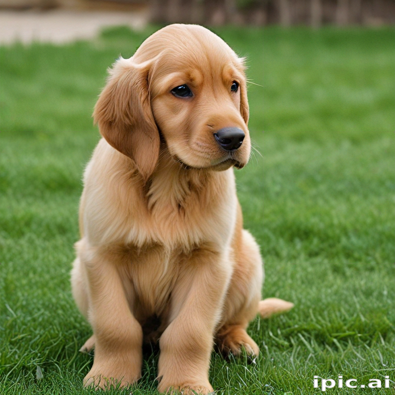 Adorable Golden Retriever Puppy Sitting on Lush Green Grass Outdoors.