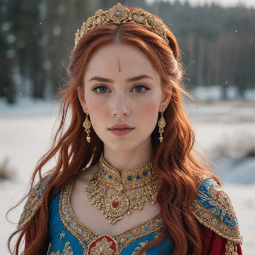 A young woman with long, flowing red hair, wearing a traditional, ornate red and blue costume with gold accents and intricate embroidery, stands facing the viewer in a close-up portrait. Her hair is styled in a high ponytail and adorned with a pair of golden, winged hairpieces. She wears gold earrings and her makeup is accented with light pink blush and a bright red lip. She has a soft and slightly melancholic expression, with her eyes looking directly at the camera. The background is a blurred, out-of-focus snowy landscape, with the woman in the foreground. The lighting is soft and natural, creating a warm, intimate atmosphere. The image is composed using a shallow depth of field, with the woman as the main focal point. The overall style is elegant, delicate, and fairytale-like.