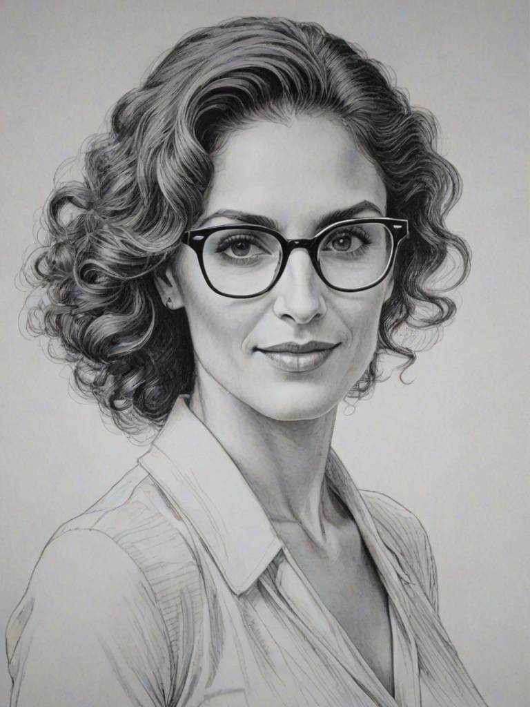 Exquisite Melina Kanakaredes, pencil sketch, portrait of Elegant woman 1970s in glasses, hair style beatnik, outline, clear lines, fine lines, 8k