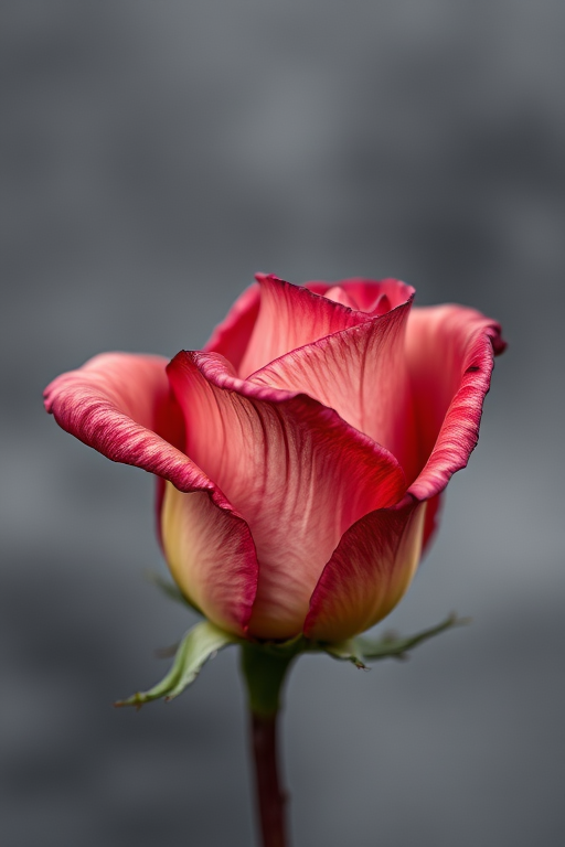 Close-up shot of a wilted rose against a blurred grey background, using a macro lens with aperture set to f/2.8, shutter speed of 1/250 sec, ISO 100, DSLR camera for enhanced detail and depth of field.