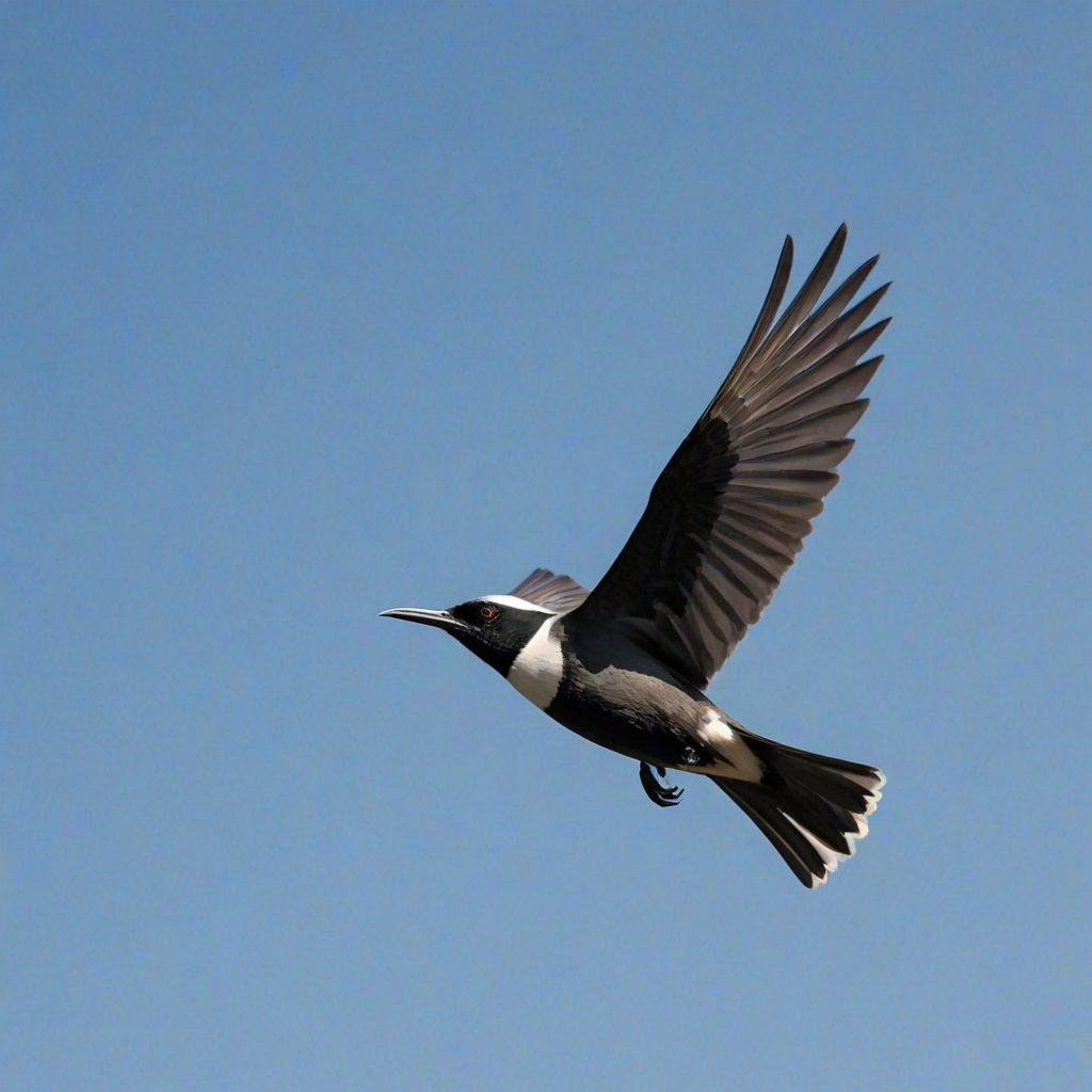 Create an image of a black-headed bird in flight against a clear blue sky, showcasing its long wings and slender body.
