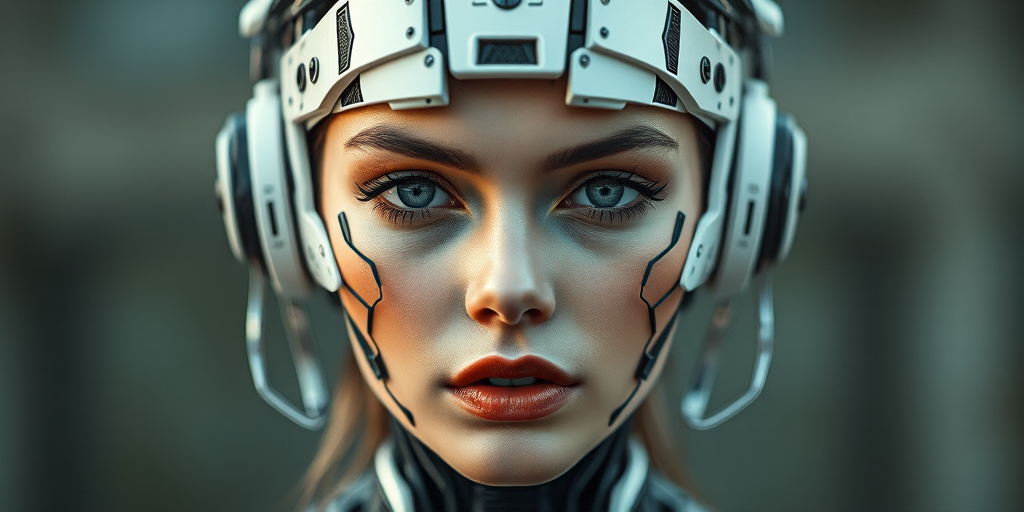Create a futuristic cybernetic portrait of a woman with a robotic headpiece and fragmented elements, using a Canon EOS R5 camera with a 50mm f/1.2 lens, aperture at f/2.8, ISO 100, and natural soft lighting for enhanced details and depth.