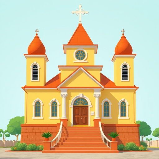 Create a digital illustration of a cartoon-style church with a yellow exterior, orange roofs, and a front staircase, shot with a Canon EOS R5 at f/8, ISO 100, 24mm lens, top-down view, high-resolution, bright colors.