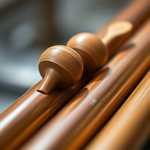 close-up of two wooden plungers resting on a series of polished wooden pipes, shallow depth of field, f/2.8, ISO 100, 50mm lens, natural light, macro photography
