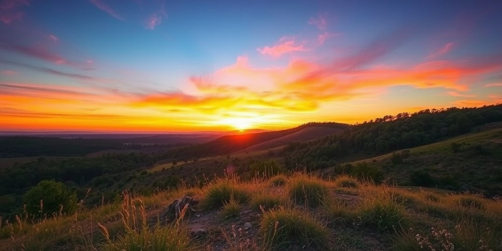 Create a high-resolution image of a serene landscape at sunset with vibrant colors and detailed textures, using a DSLR camera with a 50mm lens, aperture f/1.8, ISO 100, and a shutter speed of 1/200s, taken from an eye-level perspective to capture the depth and atmosphere.