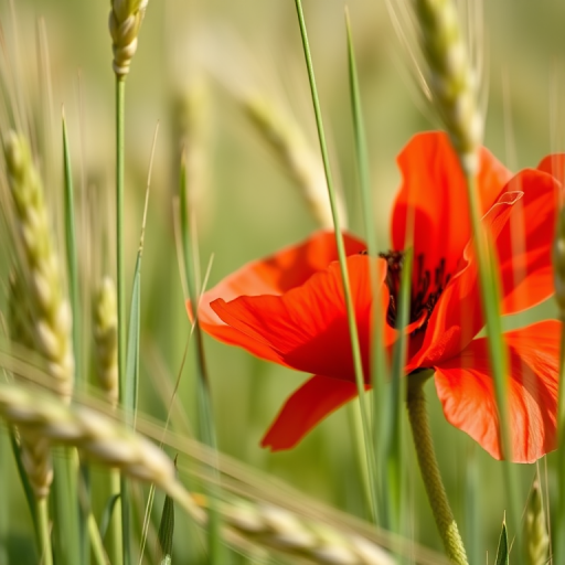 close-up of a vibrant red poppy flower amidst green wheat stalks, macro lens, f/2.8 aperture, ISO 200, 50mm lens, natural light, shallow depth of field, DSLR camera