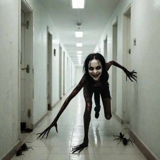 a crooked female with long arms and a creepy smile is crawling along a long white corridor and you can also see cockroaches in it there is a creepy atmosphere creepy art style