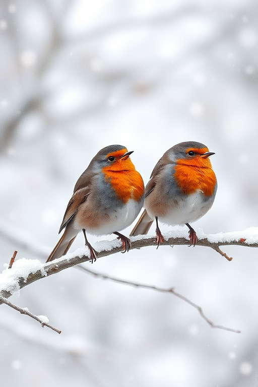 watercolor painting of two robins on a snowy branch, soft focus, ISO 100, f/4.5, 50mm lens, natural light, DSLR camera, enhance colors and details in the snow and birds
