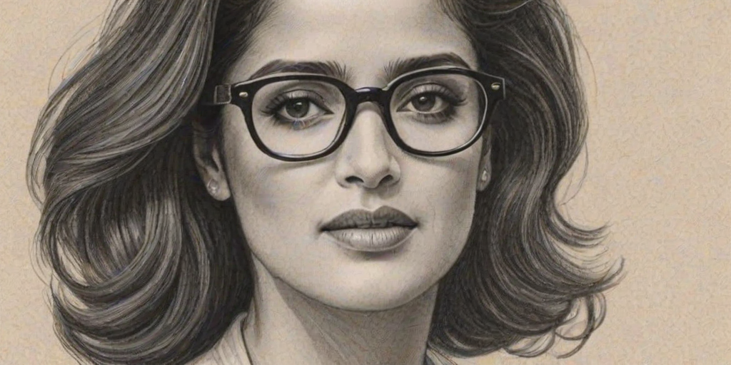 Enticing Salma Hayek, pencil sketch, portrait of Enchanting woman 1930s in glasses, hair style beatnik, outline, clear lines, fine lines, 8k