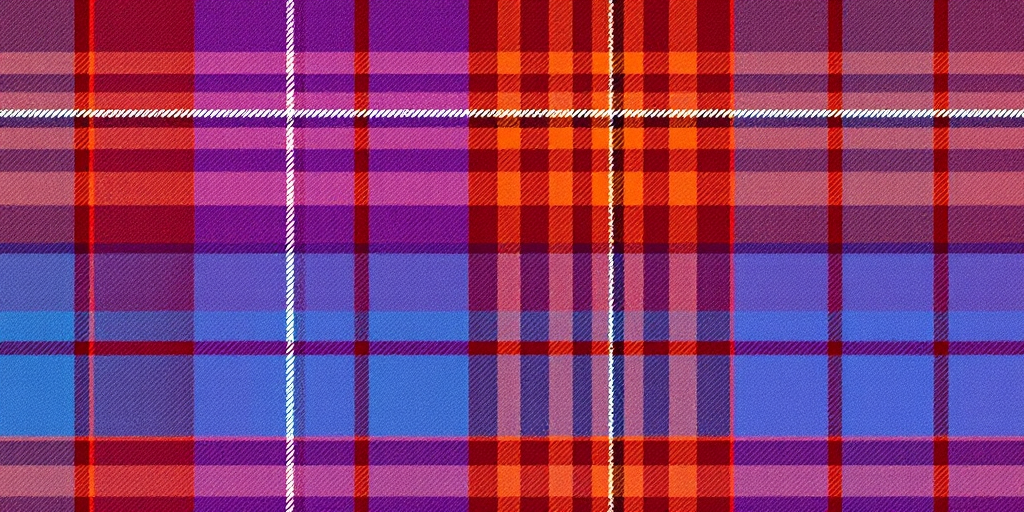 Generate a high-resolution image of a colorful plaid pattern featuring shades of blue, purple, orange, and brown, using a DSLR camera with a 50mm lens, f/2.8 aperture, ISO 100, and shot from a straight-on angle to enhance detail and clarity.