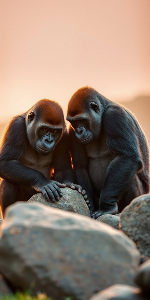 Two gorillas interacting with large stones at sunrise, soft focus, golden hour lighting, shallow depth of field, ISO 100, aperture f/2.8, shutter speed 1/200s, 50mm lens, DSLR camera.