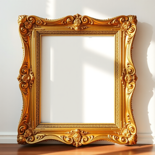 Create a high-resolution image of an ornate golden picture frame with a blank center, captured with a Canon EOS 5D Mark IV at f/4, ISO 100, 50mm lens, in soft natural lighting, from a slightly elevated front view to enhance depth and detail.