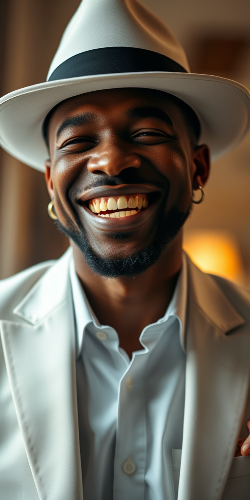 a highly detailed portrait of a man in a stylish white suit and white hat, laughing joyfully, soft lighting, DSLR camera settings: ISO 100, aperture f/1.8, shutter speed 1/200s, shallow depth of field, frontal view, high dynamic range, portrait photography style