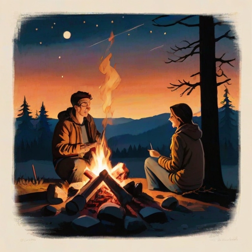 Warmly lit image of a couple roasting marshmallows over a campfire, soft glow from the flames casting warm shadows on their faces, distant trees silhouetted against the night sky, and the smell of woodsmoke and toasted sugar in the air.