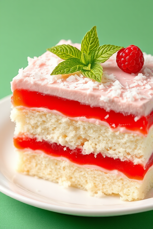 A delicious layered cake with a base of fluffy white cake topped with vibrant red gelatin and a creamy pink frosting covered in shredded coconut garnished with a fresh raspberry and mint leaf served on a white plate with a green background.