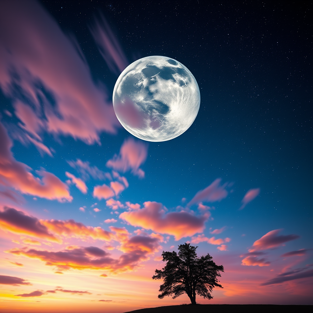 Create a vibrant cosmic landscape featuring a large planet in a starry sky with colorful clouds, a silhouette of a tree in the foreground, shot with a Canon EOS R5, 24mm lens, f/2.8, ISO 100, long exposure to capture the richness of colors and details in the clouds.