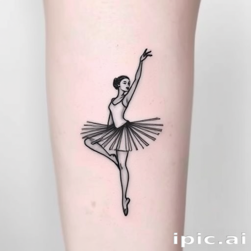 Minimalist line art tattoo "Whispered Silhouette" depicting a graceful ballerina in continuous single-line black ink, with subtle shading and negative space creating depth and movement