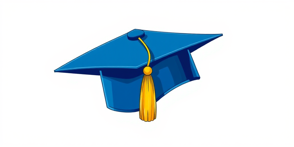 Create a detailed vector illustration of a blue graduation cap with a yellow tassel, using a DSLR camera style, with a focal length of 50mm, aperture set to f/4, and a composition that emphasizes the cap against a solid background for clarity and enhanced vibrancy.