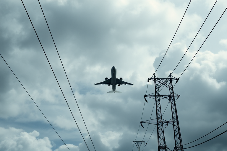 high-resolution image of an airplane flying amidst power lines against a cloudy sky, captured with a DSLR camera, 50mm lens, aperture f/8, ISO 200, natural lighting, wide-angle view, focus on the airplane, shallow depth of field