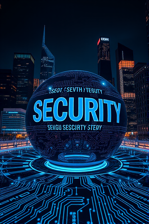 Create a high-resolution digital illustration of a futuristic cityscape at night featuring a large, reflective sphere inscribed with the word "SECURITY" multiple times, surrounded by glowing blue circuit patterns, captured with a Canon EOS R5, 24mm lens, f/11 aperture, ISO 100, HDR technique for enhanced detail and vibrancy.