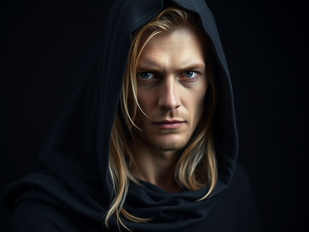 portrait of a male with long light hair wearing a dark hooded cloak, soft dramatic lighting, intricate details on the fabric, shallow depth of field, studio lighting, Canon EOS R5, 50mm f/1.2 lens, ISO 100, aperture f/1.2, 1/200 sec exposure time