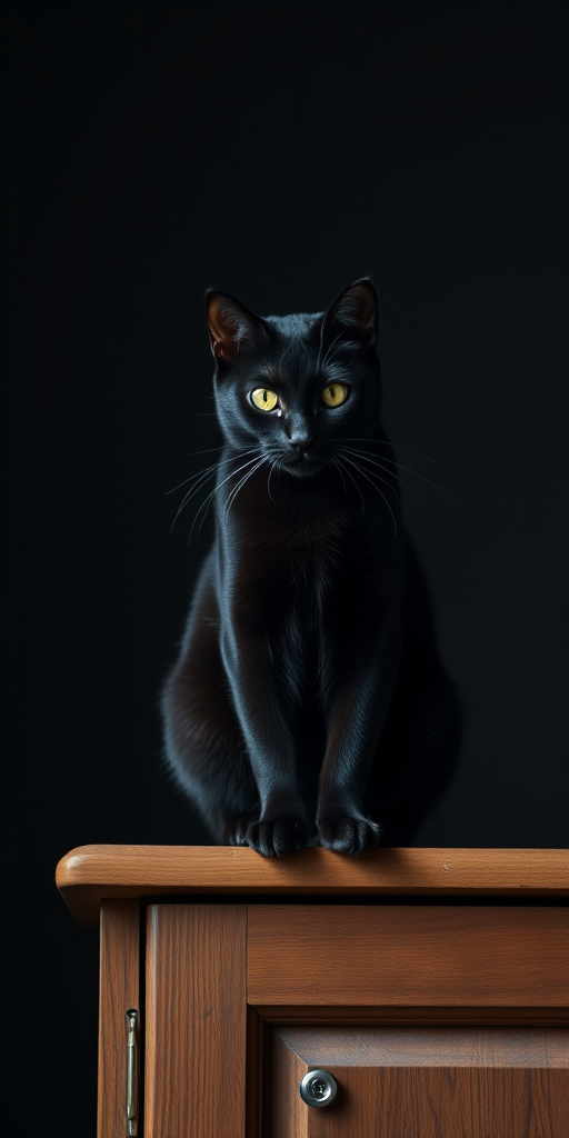 A black cat perched on a wooden cabinet against a dark background, using a DSLR camera with a 50mm lens, aperture f/1.8, ISO 200, shutter speed 1/125s, soft lighting for dramatic shadows, shallow depth of field.