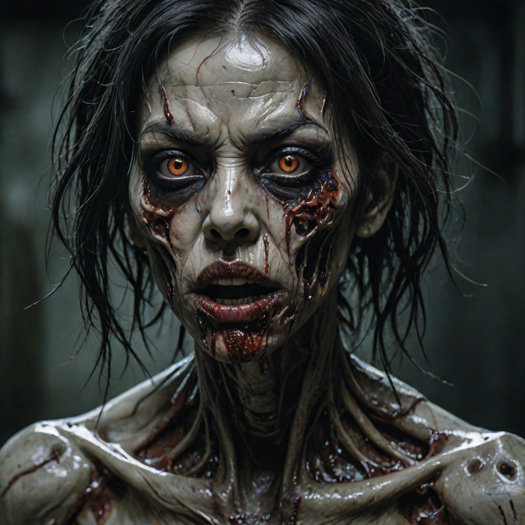 (perspective) of A creepy (ethnicity) zombie cyborg with (descriptive color) skin, (color) lipstick (color) liquid flowing from her eyes and mouth, (perspective two) portrait, (camera angle), extremely detailed, (art style) in the style of Yoshitaka Amano and Tetsuo Hara. --ar 85:128 --style raw --niji 6